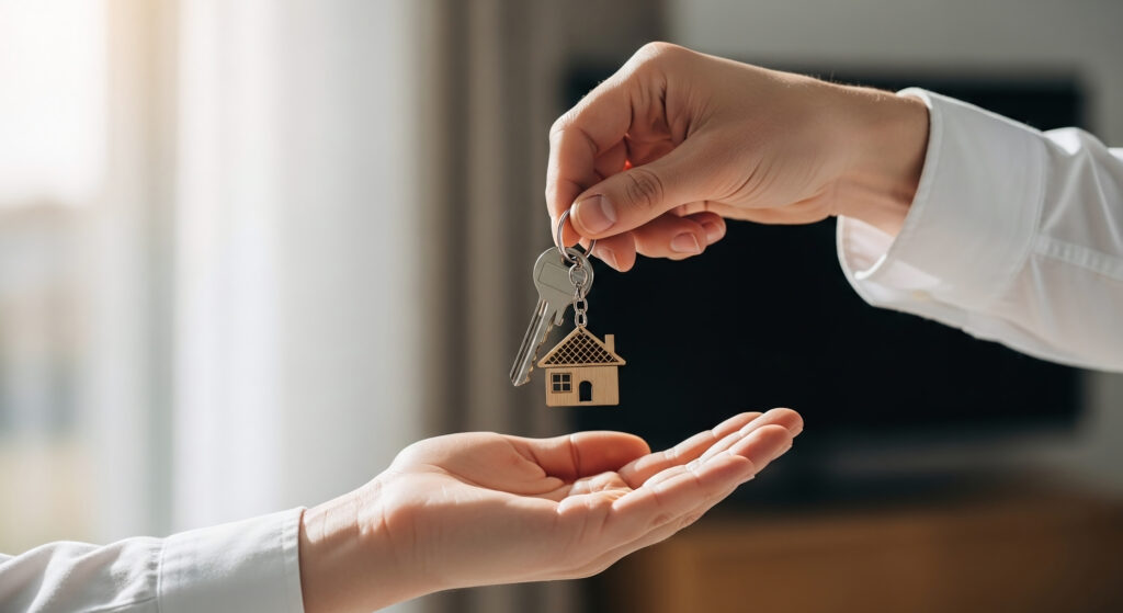 Eine Hand übergibt einer anderen Hand einen Schlüssel mit einem Haus-Schlüsselanhänger